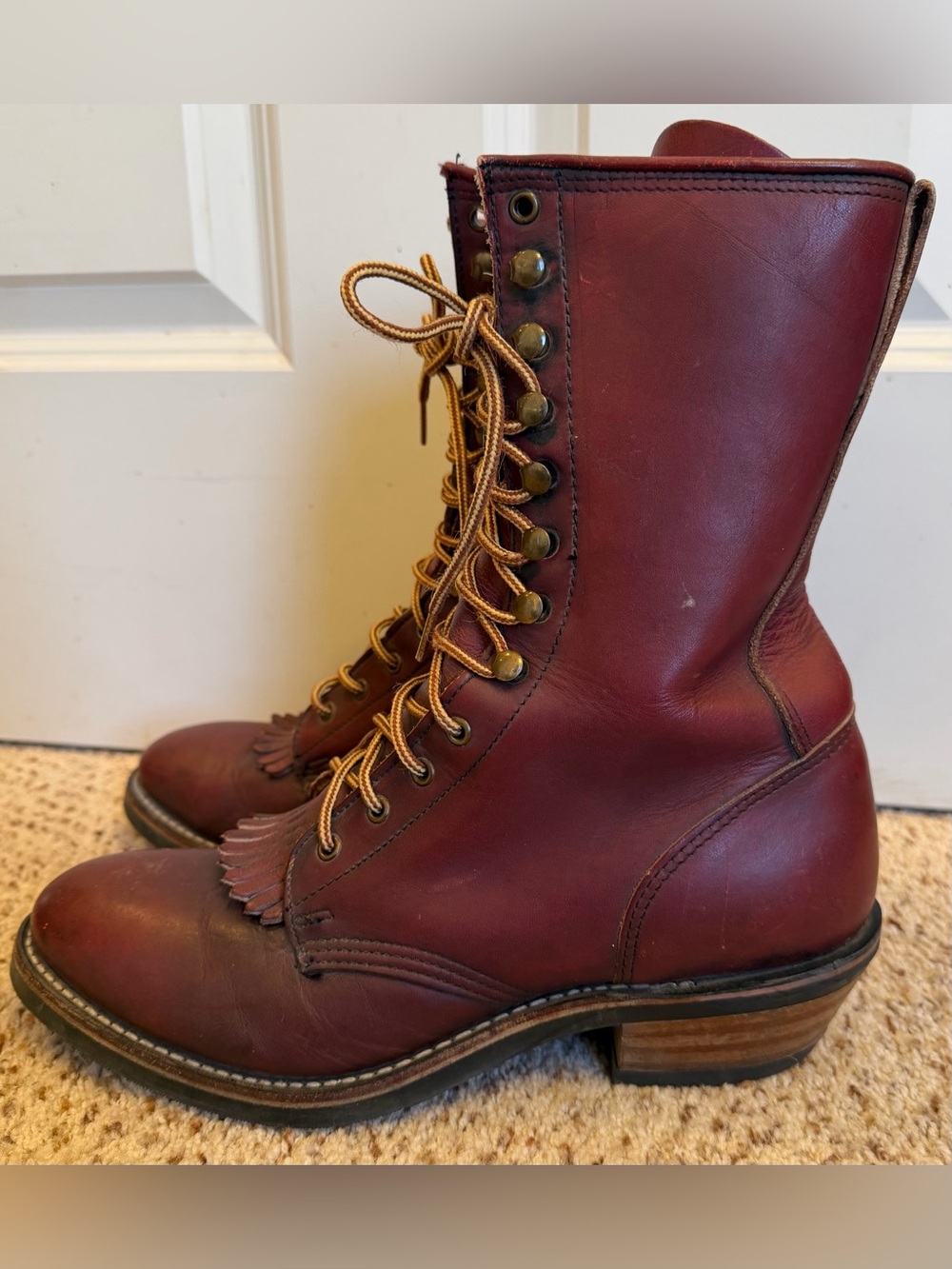Justin Vintage Men’s Leather Packer Boots w/ Aztec Oil Resistant Soles, 9D